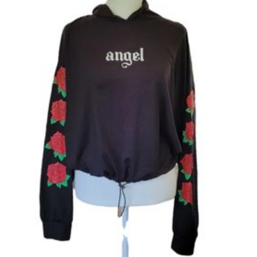 Streetwear Society Hooded Angel Top Sz Medium Roses Black Longsleeve Womens Jr. - Picture 1 of 9